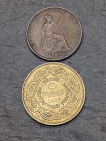 1946 Tunisia 5 Francs & 1853 Great Britain Half Penny Coins