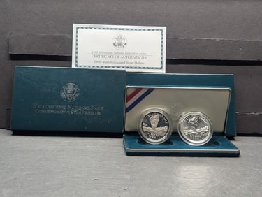 1999-P PROOF & UNC Yellowstone National Park Commem 2-Coin Silver Dollar Set in OGP w/ COA