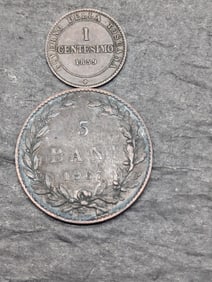 1867-Watt Romania 5 Bani & 1859 Tuscany Italian States 1 Centesimo Coins