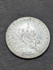 1917 France 1 Silver Franc Coin