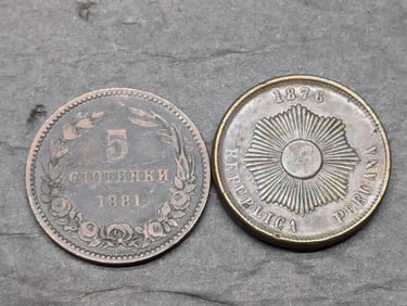 1876 Peru 2 Centavos & 1881 Bulgaria 5 Stotinki Coins