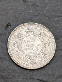 1945 India 1/2 Silver Rupee Coin