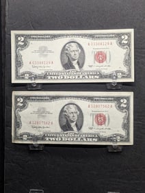 Lot of Two 1963 Series $2 RED SEAL Banknotes *CRISP PAPER*
