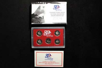 2004 United States 5-Coin SILVER State Quarters Proof Set With OGP & COA.  MI FL TX IA WI.