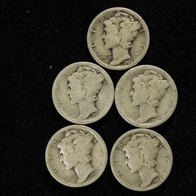 1923, 1924, 1924S, 1925, 1926 Mercury Dimes. 90% Silver