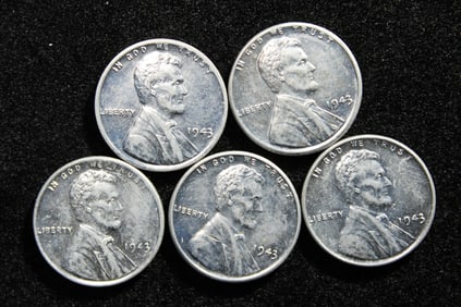 5- UNC 1943 Lincoln Steel Cents. WWII Era