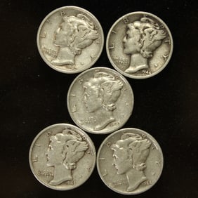 2-1942-S, 3-1943-S Mercury Dimes. 90% Silver