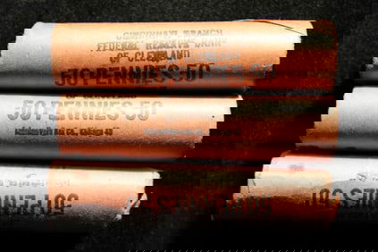 1959-D 1960-P 1961-D Brilliant Uncirculated Unopened Federal Reserve Bank Lincoln Head Cent Rolls.