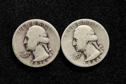 1936P, 1944P Washington Quarters. 90% Silver