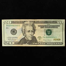 2017A $20 F.R Tri Note, Birthday Note. Lower Serial Number PA 00992002 C- Boston