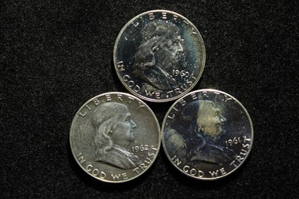 1960 1961 1962 Proof Benjamin Franklin Half Dollars.