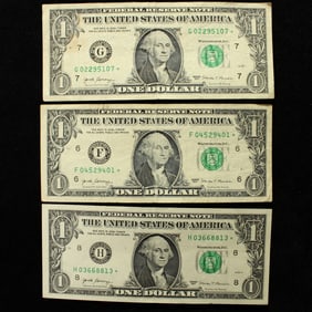 (3) 2017 $1 F.R Star Notes. Lower Serial #
