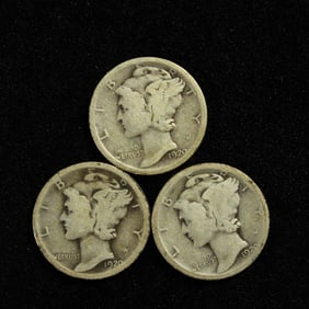 1920 P,D,S Mercury Dimes. 90% Silver