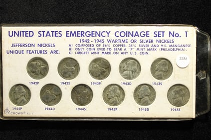 1942-1945 11-Coin Wartime Silver Nickels Set.