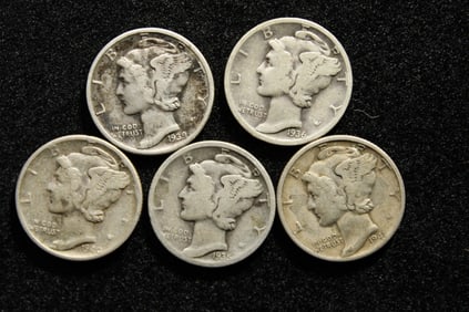 1935, 1936, 1939, 1940, 1941 Mercury Dimes. 90% Silver