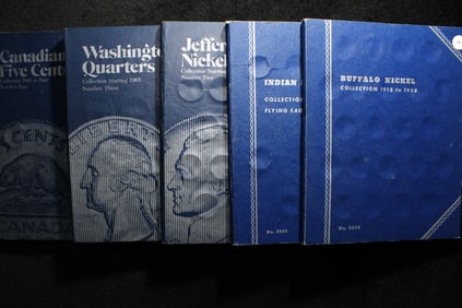 Assortment Of 10 Blue Whitman Punch-In Coin Folders. Cents, Nickels, Dimes, 1/4's, Halves, Canadian.