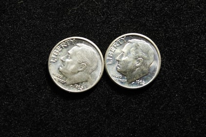 2- 1962-D Roosevelt Dimes. 90% Silver. UNC