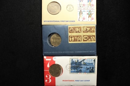 1972 1973 1975 United States First Day Cover Bicentennial Medals With Original Government Packaging.