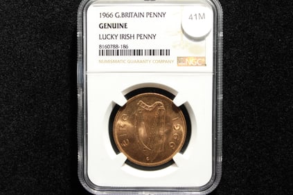 1966 Brilliant Uncirculated Lucky Irish Penny Certified By NGC Graded Co.  OBV: Harp, REV: Hen.