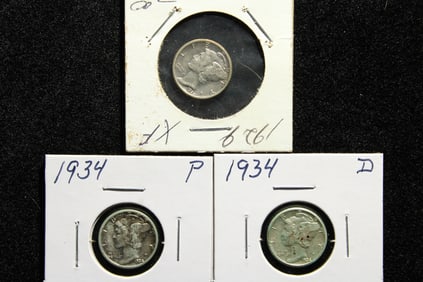 (3 coins) 1929 P, 1934 P, and 1934 D Mercury Dimes