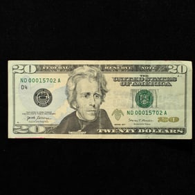 2017 $ 20 FR Note. LOW SN. ND 00015702 A. Cleveland