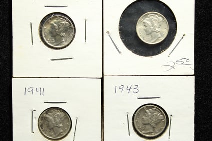 (4 coins) 1941, 1942, l943, 1944 all Philadelphia Mint, Mercery Dimes NICE COINS