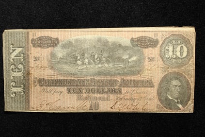 1864 $10 Confederate States Of America Bearer Note.  Field Artillery, Bust Of R M T Hunter, Cabinet