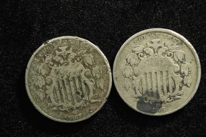 1867 1868 United States Shield Nickels.  Vintage Type Coins.
