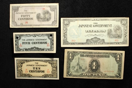 1943 Japan 5, 10, 50 Centavos And 1, 10 Pesos Philippines WWII Military Invasion Currency.  5 Notes.