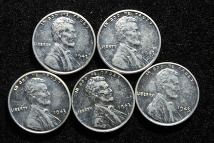 5- UNC 1943 Lincoln Steel Cents. WWII Era