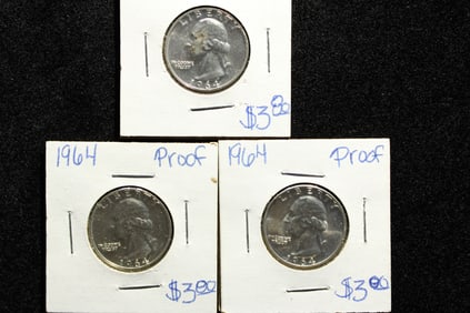 (3 coins) 1964 Proof Washington Quarters