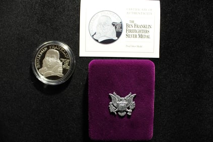 Benjamin Franklin Firefighters Proof Silver Medal Issued By The United States Mint With OGP & COA.