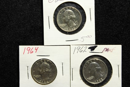 (3 coins)-- (2) 1962 Proof  Washington Quarters , (1) 1964 Proof Washington Quarter
