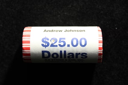$25 Roll of Andrew Johnson Presidential Dollars. Original Mint Wrapped Roll. UNC