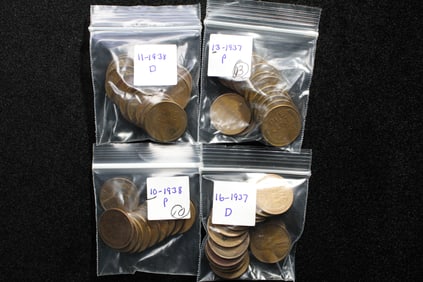 13-1937, 16-1937D, 11-1938D, 10-1938 Lincoln Cents.