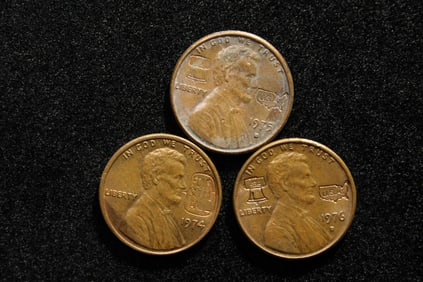 1974, 1975D, 1976D Lincoln Cents Stamped; Liberty Bell, 4 Score, USA