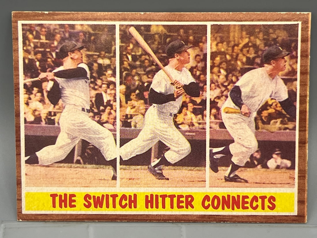 1962 Topps Mickey Mantle The Switch Hitter Connects #318: 1962 Topps Mickey Mantle The Switch Hitter Connects #318