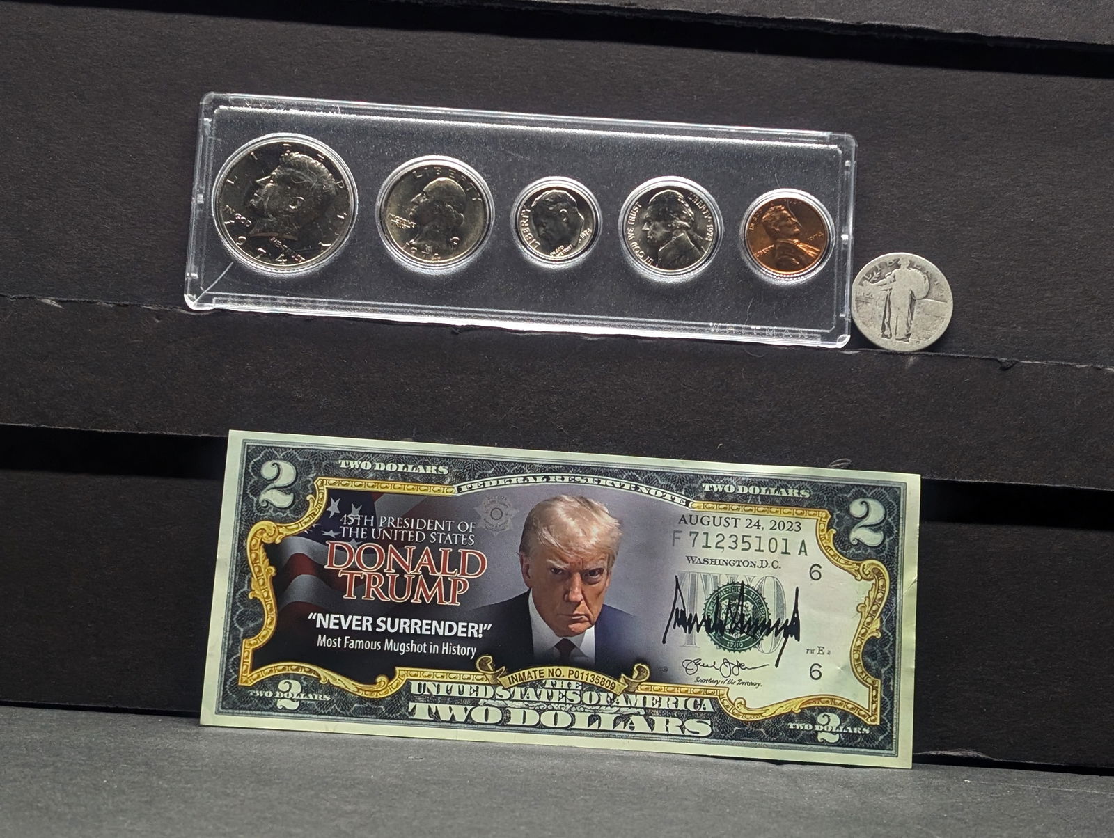 1974 Year Set, No Date Standing Liberty Quarter, and $2.00 Trump Mugshot Novelty Note (1 of 7)