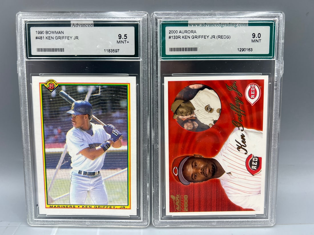 1990 Bowman Ken Griffey Jr. #481 & 2000 Aurora Ken Griffey Jr. #133R - Both Slabbed By Advanced (1 of 2)