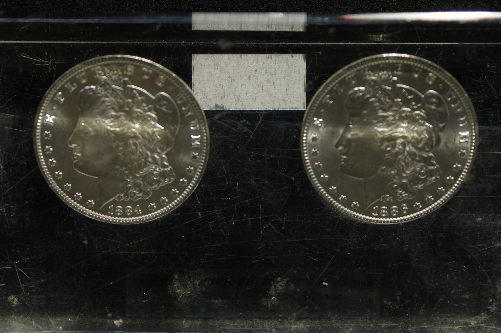 **NICE GEM UNC** 1884 & 1886 Morgan Silver Dollars Encased - Acrylic Paperweight (1 of 1)