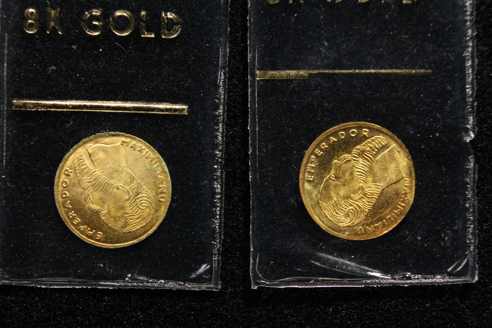Two 1865 Mexico Miniature 8K GOLD Maximiliano Coins (2 Pcs): Two 1865 Mexico Miniature 8K GOLD Maximiliano Coins (2 Pcs)