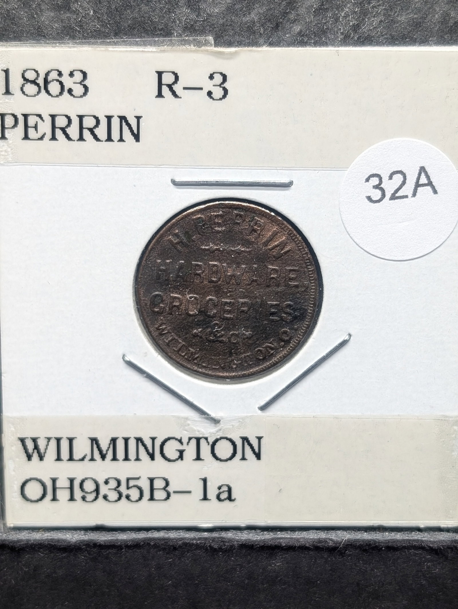 1863 Wilmington Ohio Civil War Merchant Token issued by H. Perrin dealer in Hardware and Groceries.: 1863 Wilmington Ohio Civil War Merchant Token issued by H. Perrin dealer in Hardware and Groceries. Rarity 3, a scarce token. VF detail.