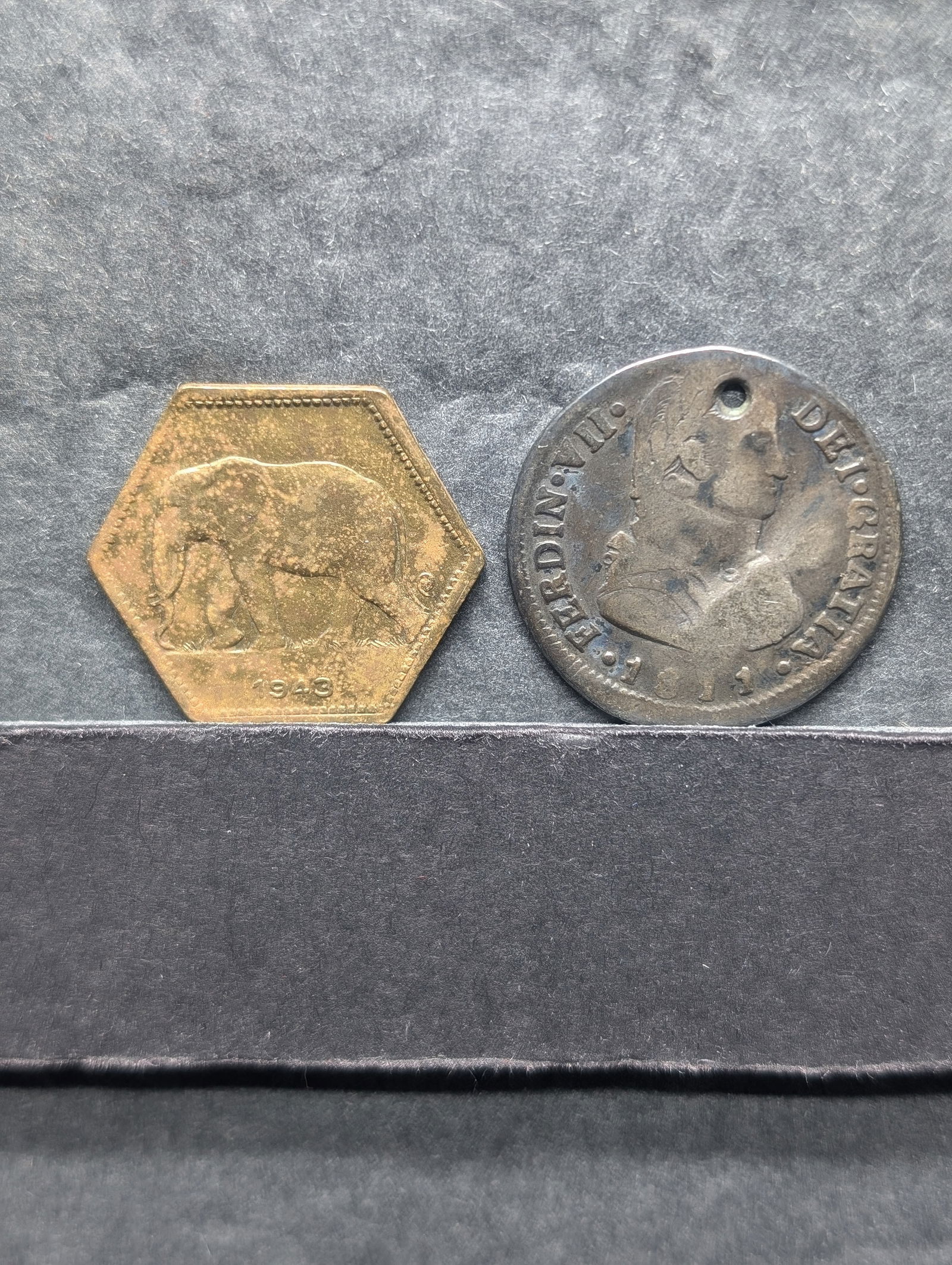 1943 Belgian Congo 2 Francs Coin & 1811 Spain 2 Reales Silver Coin (Holed) (1 of 5)