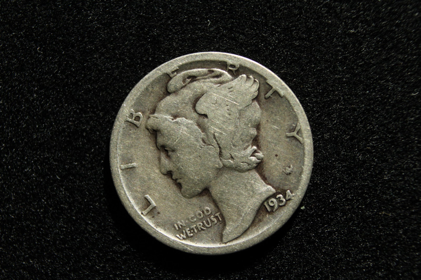 Error- 1934-D-Mercury Dime- Slightly rotated die Rev: Error- 1934-D-Mercury Dime- Slightly rotated die Rev