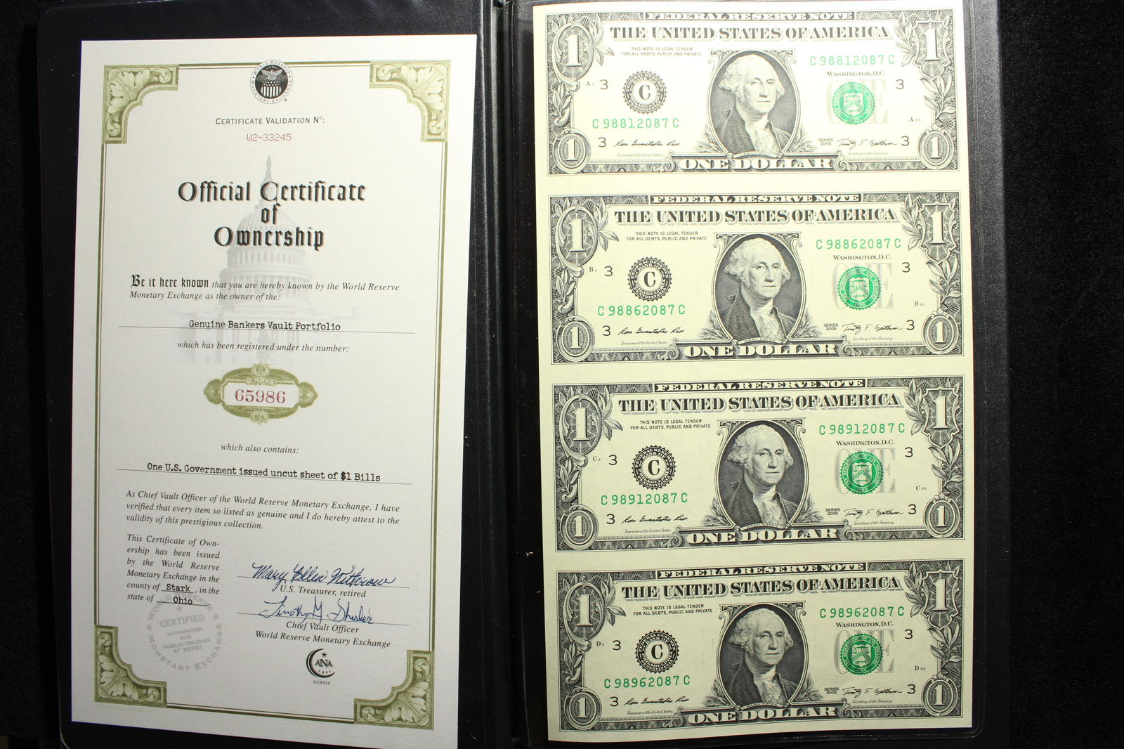 2009 - Four One Dollar FRN's Uncut Sheet, World Reserve Monetary Exchange w/certificate of ownership (1 of 5)