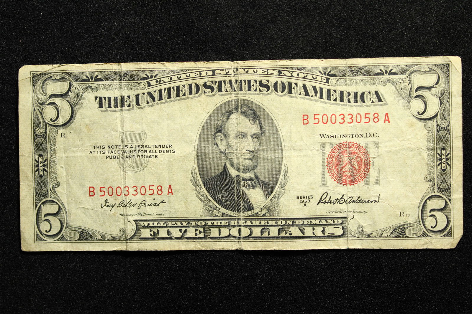 1953-A  # 1533 - $ 5.00 U.S. Note Red Seal- VG- (1 of 3)