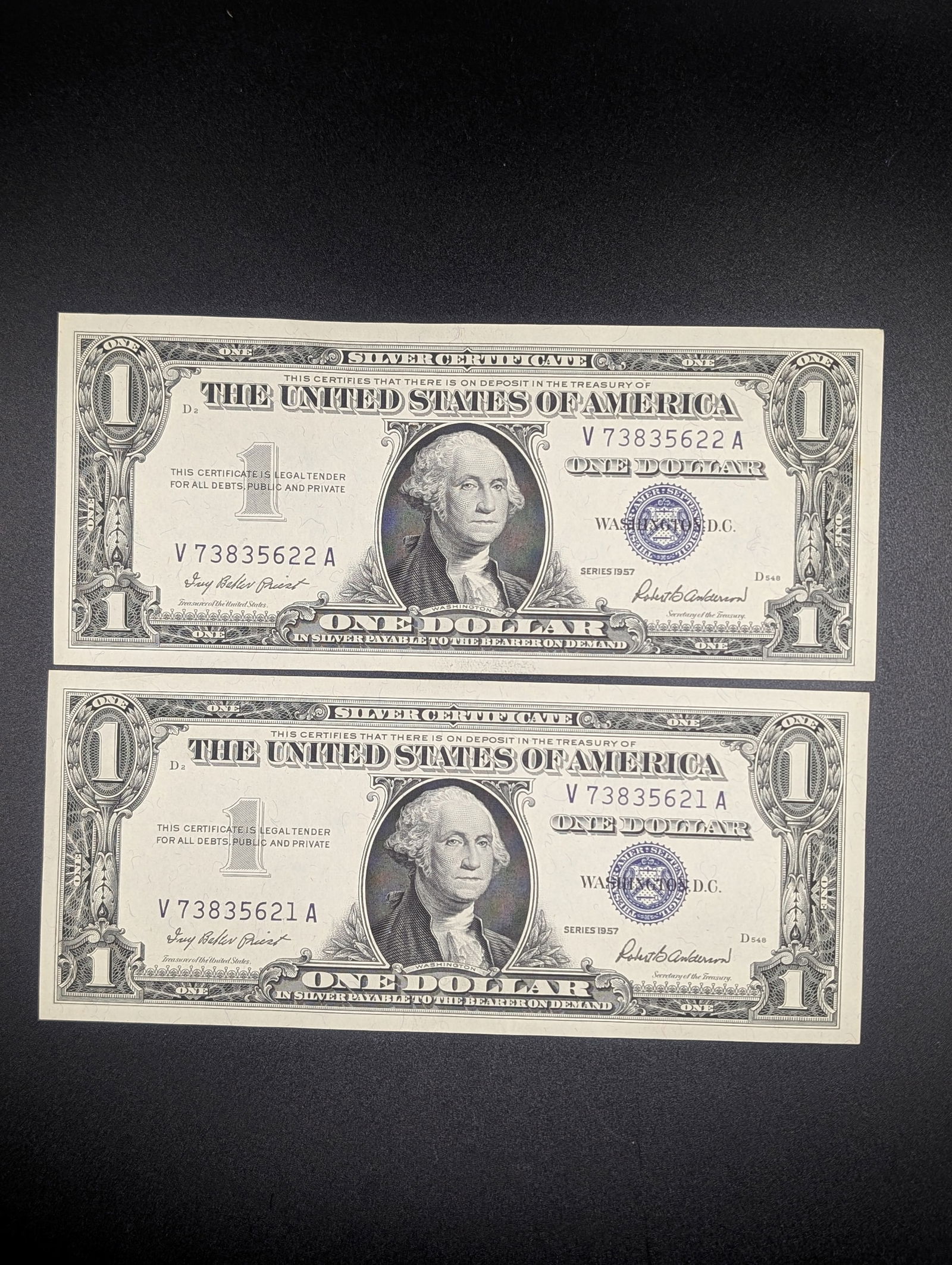 2 Consecutive SN Blue Seal $1 Silver Certificates. GEM CRISP UNC. Tough Find (1 of 3)