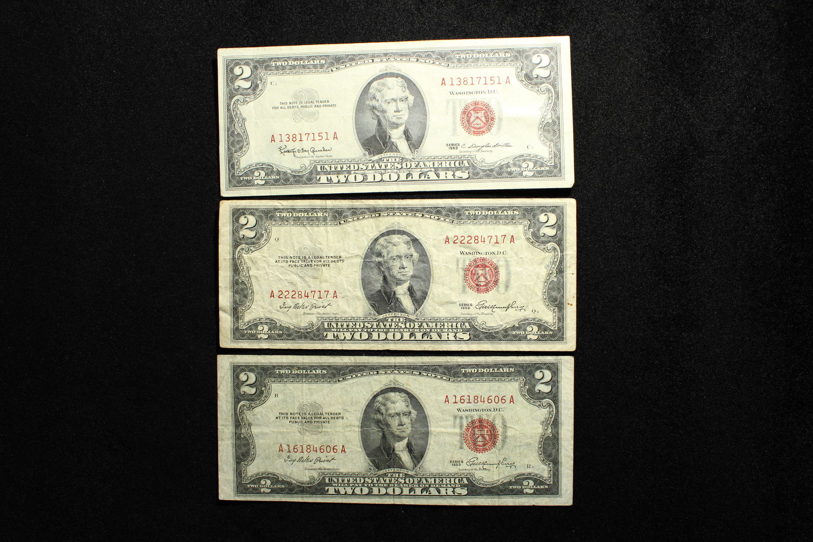 3 - Two Dollar Red Seal U.S. Notes, (2) - 1953 Series & (1) 1963 Series (1 of 3)