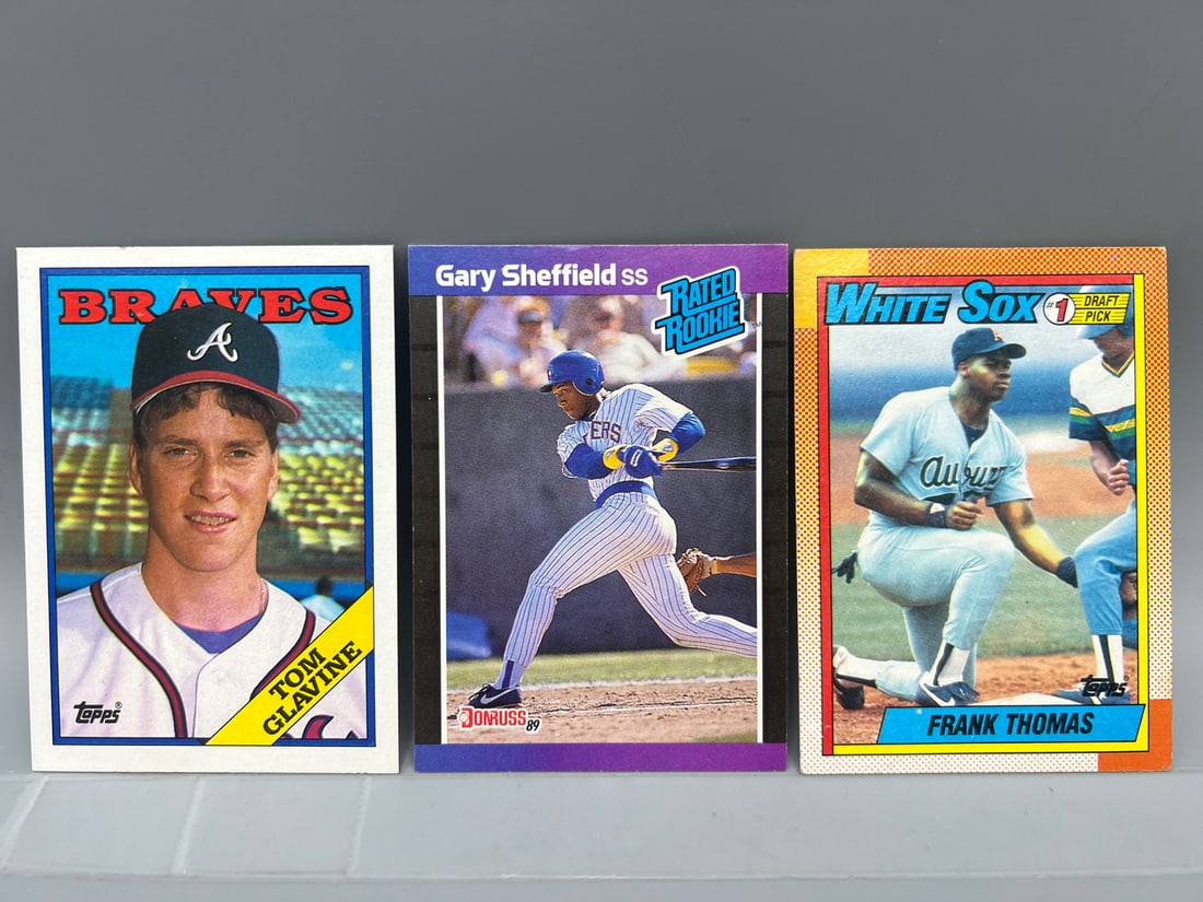 1988 Topps Tom Glavine RC #779, 1989 Donruss Gary Sheffield RC #31, & 1990 Topps Frank Thomas RC (1 of 2)