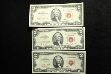 Three 1963 Series $2.00 RED SEAL Banknotes - Two are Consecutive Numbers